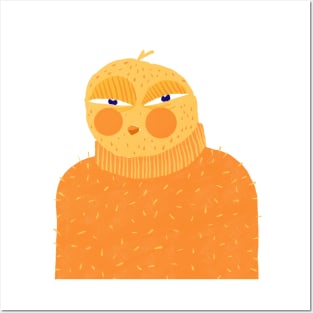 Funny yellow chicken in orange sweater Posters and Art